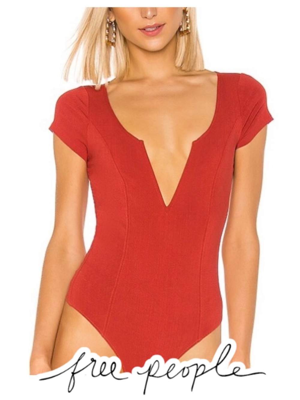 Free People | Deep Conversations V-Neck Bodysuit Terracotta Red - Size L